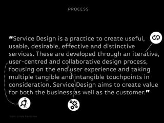 PROCESS




“Service Design is a practice to create useful,
usable, desirable, effective and distinctive
services. These a...