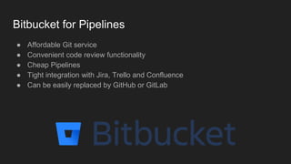 Bitbucket for Pipelines
● Affordable Git service
● Convenient code review functionality
● Cheap Pipelines
● Tight integration with Jira, Trello and Confluence
● Can be easily replaced by GitHub or GitLab
 