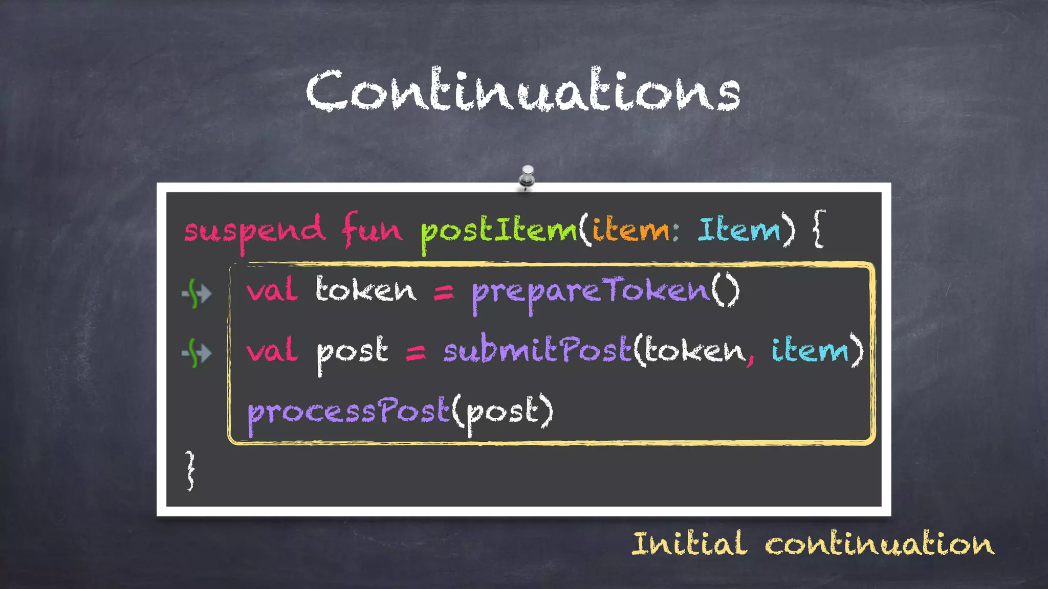 Continuations
suspend fun postItem(item: Item) { 
val token = prepareToken() 
val post = submitPost(token, item) 
processPost(post) 
}
Initial continuation
 