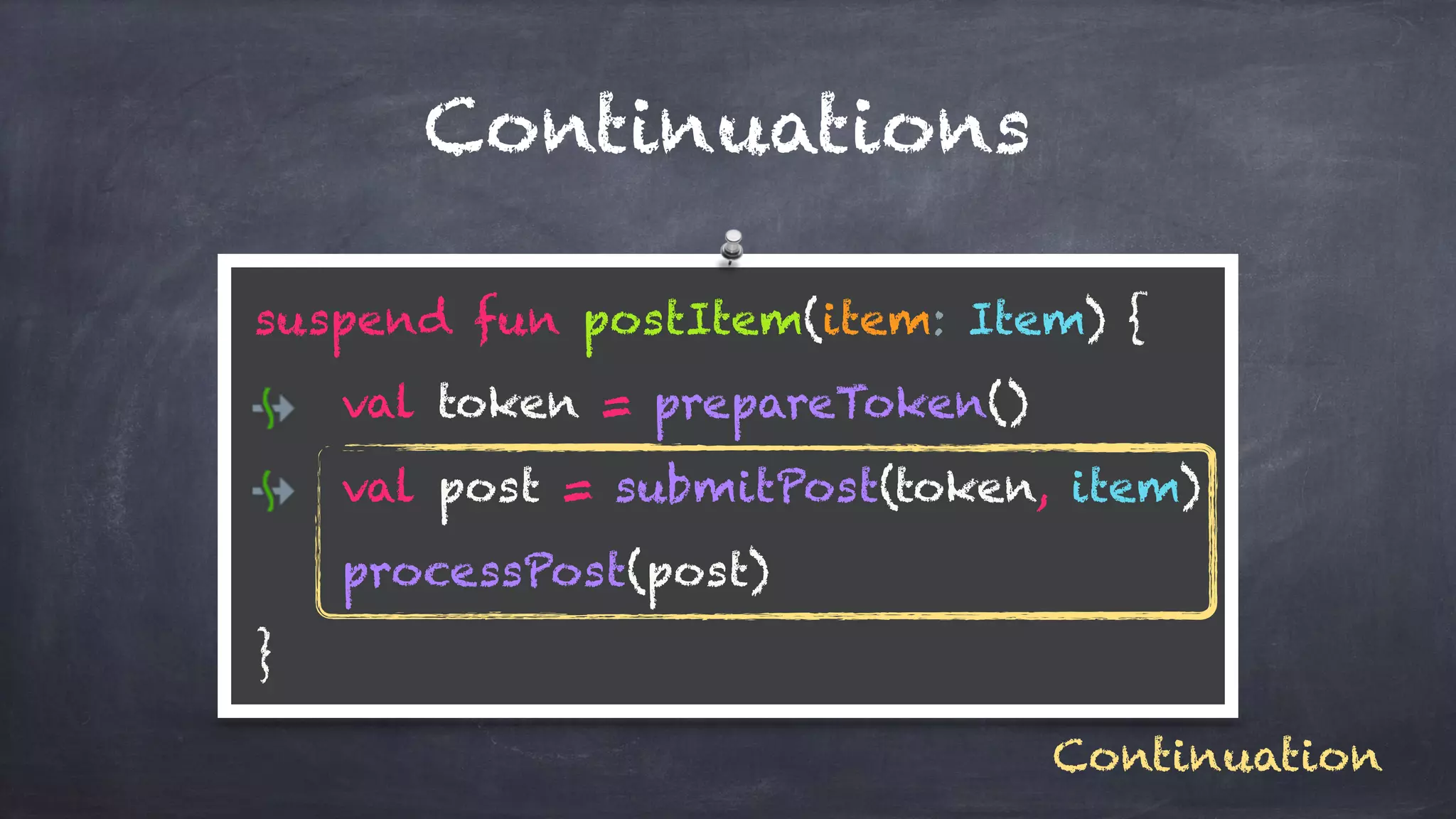 Continuations
suspend fun postItem(item: Item) { 
val token = prepareToken() 
val post = submitPost(token, item) 
processPost(post) 
}
Continuation
 