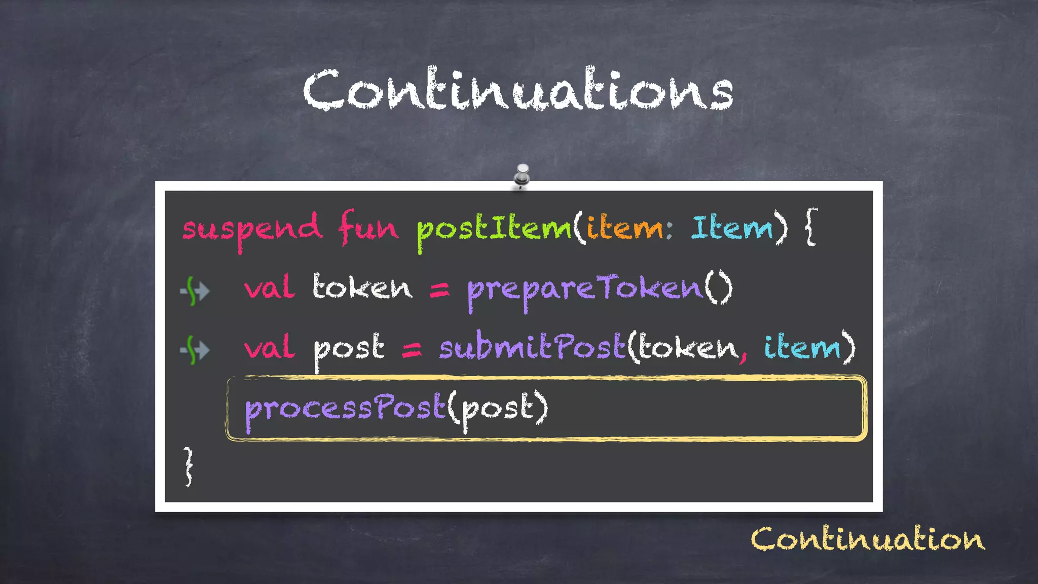 Continuations
suspend fun postItem(item: Item) { 
val token = prepareToken() 
val post = submitPost(token, item) 
processPost(post) 
}
Continuation
 