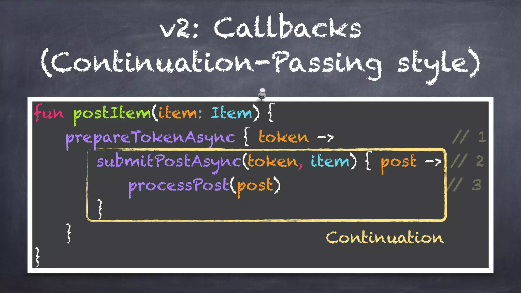 v2: Callbacks
(Continuation-Passing style)
fun postItem(item: Item) { 
prepareTokenAsync { token -> // 1 
submitPostAsync(token, item) { post -> // 2 
processPost(post) // 3 
} 
} 
}
Continuation
 