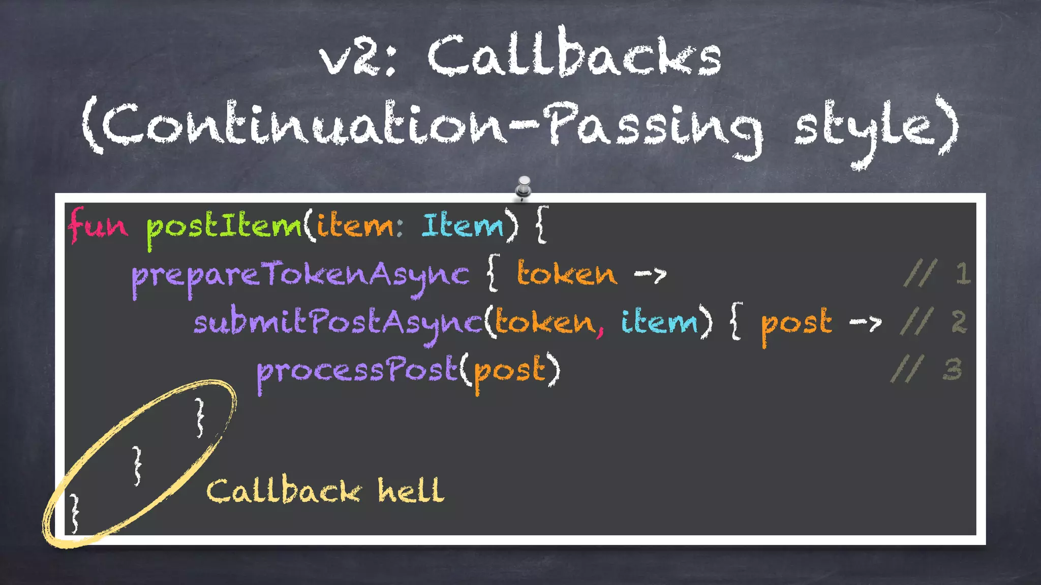 v2: Callbacks
(Continuation-Passing style)
fun postItem(item: Item) { 
prepareTokenAsync { token -> // 1 
submitPostAsync(token, item) { post -> // 2 
processPost(post) // 3 
} 
} 
}
Callback hell
 
