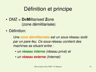 Définition et principe
●

●

DMZ = DeMilitarised Zone 
(zone démilitarisée)
Définition:
   Une zone démilitarisée est un sous­réseau isolé 
par un pare­feu. Ce sous­réseau contient des 
machines se situant entre :
●

un réseau interne (réseau privé) et 

●

un réseau externe (Internet)
Mise en place d'une DMZ - H. Magroun

10

 