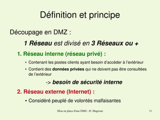 Définition et principe
Découpage en DMZ : 
1 Réseau est divisé en 3 Réseaux ou +
1. Réseau interne (réseau privé) :
●

●

Contenant les postes clients ayant besoin d’accéder à l’extérieur
Contient des données privées qui ne doivent pas être consultées 
de l’extérieur

­> besoin de sécurité interne 
2. Réseau externe (Internet) :
●

Considéré peuplé de volontés malfaisantes
Mise en place d'une DMZ - H. Magroun

11

 