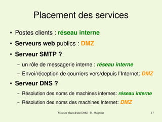 Placement des services
●

Postes clients : réseau interne

●

Serveurs web publics : DMZ

●

Serveur SMTP ?
–
–

●

un rôle de messagerie interne : réseau interne
Envoi/réception de courriers vers/depuis l’Internet: DMZ

Serveur DNS ?
–

Résolution des noms de machines internes: réseau interne

–

Résolution des noms des machines Internet: DMZ
Mise en place d'une DMZ - H. Magroun

17

 