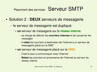 Placement des services: 
●

 Serveur SMTP

Solution 2 : DEUX serveurs de messagerie
–

le serveur de messagerie est dupliqué: 
●

un serveur de messagerie sur le réseau interne:
–

–

●

se charge de délivrer les courriers internes et de conserver les 
messages
Il relaie les courriers à destination de l’Internet à un serveur de 
messagerie placé sur la DMZ

un serveur de messagerie placé sur la DMZ:
–

C'est le seul à communiquer avec l’Internet

–

Relaie les courriers en provenance de l’Internet au serveur du 
réseau interne
Mise en place d'une DMZ - H. Magroun

19

 