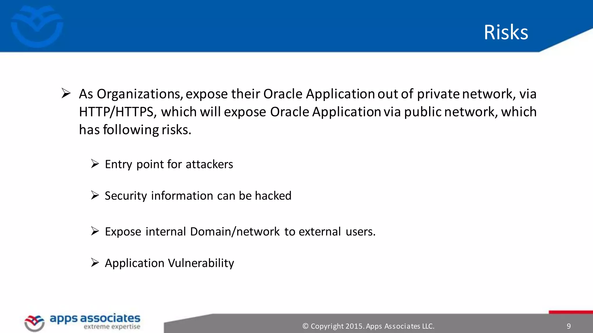 © Copyright 2015.Apps Associates LLC. 9
Risks
 As Organizations,expose their Oracle Applicationout of privatenetwork, via
HTTP/HTTPS, which will expose Oracle Applicationvia public network, which
has following risks.
 Entry point for attackers
 Security information can be hacked
 Expose internal Domain/network to external users.
 Application Vulnerability
 