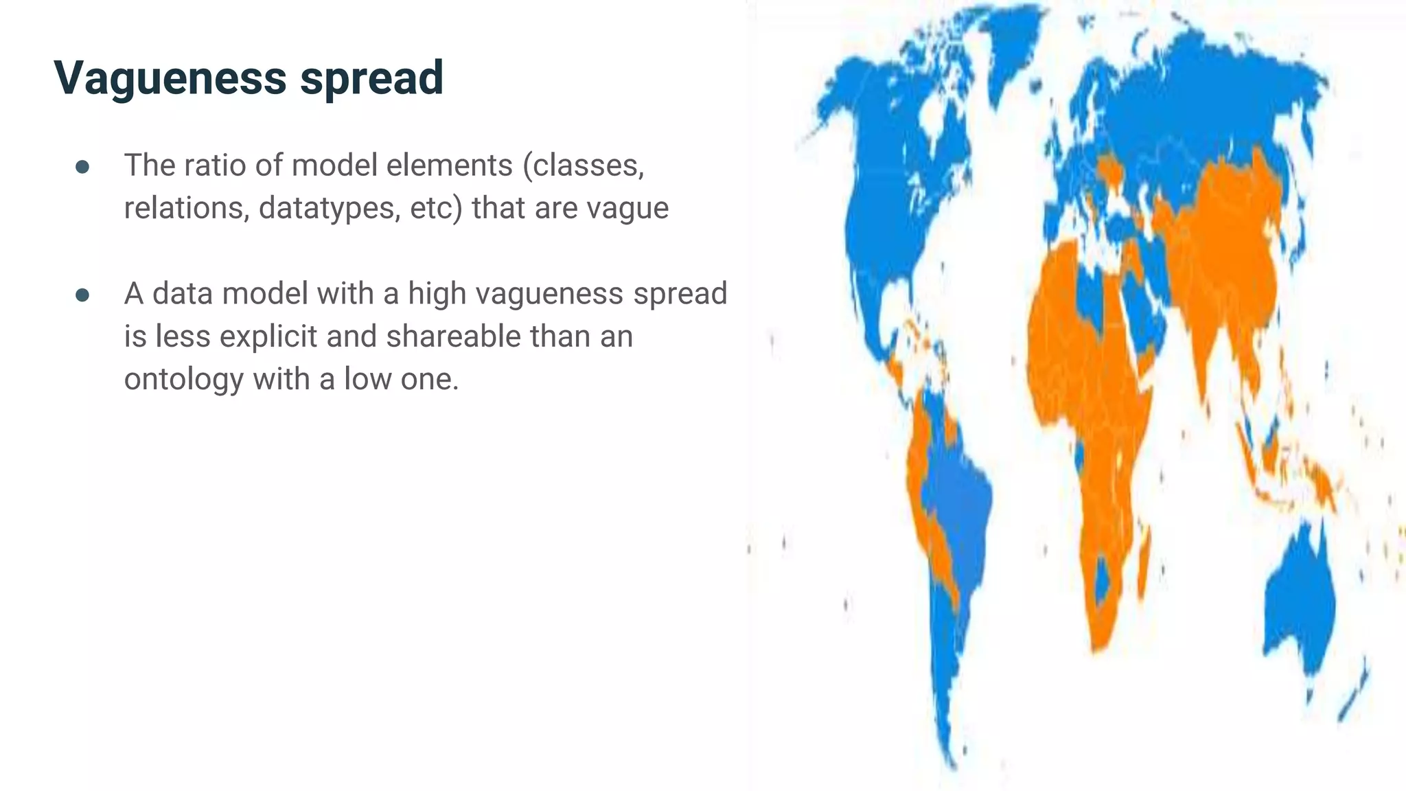 Vagueness spread
● The ratio of model elements (classes,
relations, datatypes, etc) that are vague
● A data model with a high vagueness spread
is less explicit and shareable than an
ontology with a low one.
 