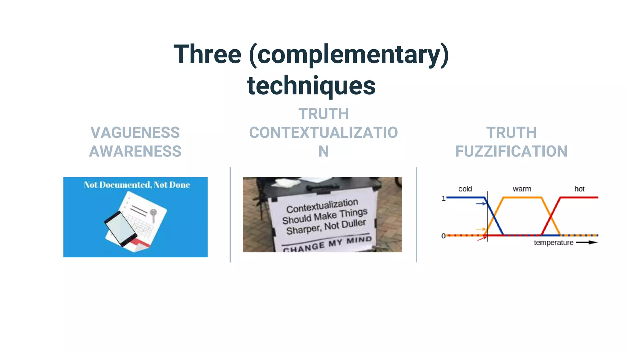 Three (complementary)
techniques
VAGUENESS
AWARENESS
TRUTH
CONTEXTUALIZATIO
N
TRUTH
FUZZIFICATION
 
