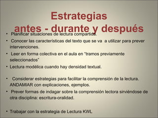 Estrategias
antes - durante y después• Planificar situaciones de lectura compartida.
• Conocer las características del texto que se va a utilizar para prever
intervenciones.
• Leer en forma colectiva en el aula en “tramos previamente
seleccionados”
• Lectura modélica cuando hay densidad textual.
• Considerar estrategias para facilitar la comprensión de la lectura.
ANDAMIAR con explicaciones, ejemplos.
• Prever formas de indagar sobre la comprensión lectora sirviéndose de
otra disciplina: escritura-oralidad.
• Trabajar con la estrategia de Lectura KWL
 
