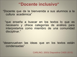 CARLINO, 2003( Diapositiva CAEE-2015)
“Docente inclusivo”
“Docente que da la bienvenida a sus alumnos a la
cultura académica”
“que enseña a buscar en los textos lo que es
necesario y ofrece categorías de análisis para
interpretarlos como miembro de una comunidad
disciplinar.”
“desenvuelven las ideas que en los textos están
condensadas”
 