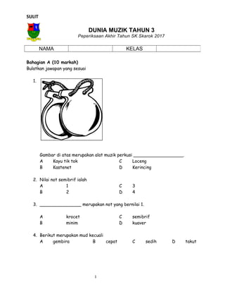 SULIT
DUNIA MUZIK TAHUN 3
Peperiksaan Akhir Tahun SK Skarok 2017
Bahagian A (10 markah)
Bulatkan jawapan yang sesuai
1.
Gambar di atas merupakan alat muzik perkusi __________________.
A Kayu tik tok C Loceng
B Kastenet D Kerincing
2. Nilai not semibrif ialah
A 1 C 3
B 2 D 4
3. _______________ merupakan not yang bernilai 1.
A krocet C semibrif
B minim D kuaver
4. Berikut merupakan mud kecuali
A gembira B cepat C sedih D takut
1
NAMA KELAS
 