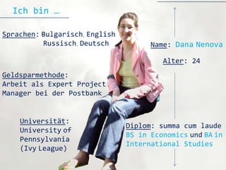 Ich bin …

Sprachen: Bulgarisch, English
          Russisch, Deutsch           Name: Dana Nenova

                                         Alter: 24
Geldsparmethode:
Arbeit als Expert Project
Manager bei der Postbank


    Universität:
                                Diplom: summa cum laude
    University of
                                BS in Economics und BA in
    Pennsylvania
                                International Studies
    (Ivy League)
 