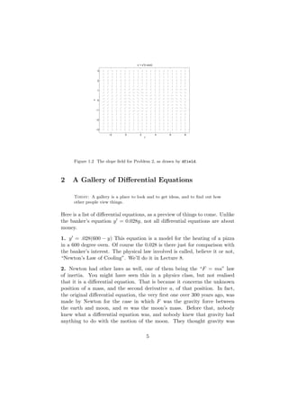 x’ = x^2−sin(t)

                    3



                    2



                    1
               x

                    0



                   −1



                   −2



                   −3

                        −2     0      2               4   6   8
                                           t




      Figure 1.2 The slope ﬁeld for Problem 2, as drawn by dfield.



2    A Gallery of Diﬀerential Equations

      Today: A gallery is a place to look and to get ideas, and to ﬁnd out how
      other people view things.

Here is a list of diﬀerential equations, as a preview of things to come. Unlike
the banker’s equation y = 0.028y, not all diﬀerential equations are about
money.

1. y = .028(600 − y) This equation is a model for the heating of a pizza
in a 600 degree oven. Of course the 0.028 is there just for comparison with
the banker’s interest. The physical law involved is called, believe it or not,
“Newton’s Law of Cooling”. We’ll do it in Lecture 8.

2. Newton had other laws as well, one of them being the “F = ma” law
of inertia. You might have seen this in a physics class, but not realised
that it is a diﬀerential equation. That is because it concerns the unknown
position of a mass, and the second derivative a, of that position. In fact,
the original diﬀerential equation, the very ﬁrst one over 300 years ago, was
made by Newton for the case in which F was the gravity force between
the earth and moon, and m was the moon’s mass. Before that, nobody
knew what a diﬀerential equation was, and nobody knew that gravity had
anything to do with the motion of the moon. They thought gravity was

                                               5
 