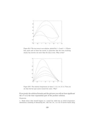 1



                     0.8



                     0.6



                     0.4



                     0.2



                          0



                    −0.2



                    −0.4
                        0      0.5   1    1.5     2    2.5    3     3.5




      Figure 29.4 The two terms in our solution, plotted for t = 0 and t = .3 Notice
      how much each of these has moved, in particular that the term involving
      sin(2x) has moved a lot more than the sin(x) term. Why is that?



                    1.2



                     1



                    0.8



                    0.6



                    0.4



                    0.2



                     0
                      0       0.5    1   1.5      2    2.5    3     3.5




      Figure 29.5 The solution temperature at times t = 0, .3, .6, .9, 1.2. Now you
      see that the hot spot moves toward the center. Why?


If you study the solution formula and the pictures you will see how signiﬁcant
the n2 is in the time exponential part of the product solution.
Problems
1. Think about what should happen to a metal bar which has an initial temperature
distribution consisting of alternating hot, cold, hot, etc., in a lot of narrow bands along


                                            120
 