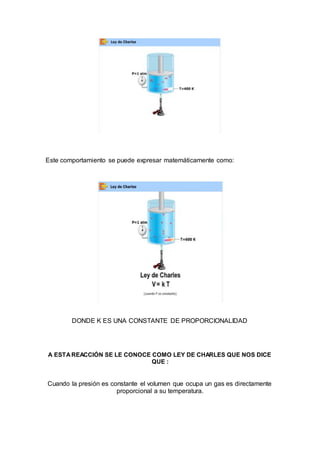 Este comportamiento se puede expresar matemáticamente como:
DONDE K ES UNA CONSTANTE DE PROPORCIONALIDAD
A ESTAREACCIÓN SE LE CONOCE COMO LEY DE CHARLES QUE NOS DICE
QUE :
Cuando la presión es constante el volumen que ocupa un gas es directamente
proporcional a su temperatura.
 