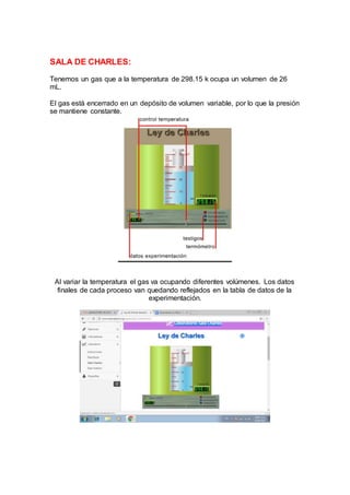 SALA DE CHARLES:
Tenemos un gas que a la temperatura de 298.15 k ocupa un volumen de 26
mL.
El gas está encerrado en un depósito de volumen variable, por lo que la presión
se mantiene constante.
Al variar la temperatura el gas va ocupando diferentes volúmenes. Los datos
finales de cada proceso van quedando reflejados en la tabla de datos de la
experimentación.
 