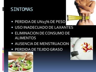 SINTOMASPERDIDA DE UN15% DE PESOUSO INADECUADO DE LAXANTESELIMINACION DE CONSUMO DE ALIMENTOSAUSENCIA DE MENSTRUACIONPERDIDA DE TEJIDO GRASO