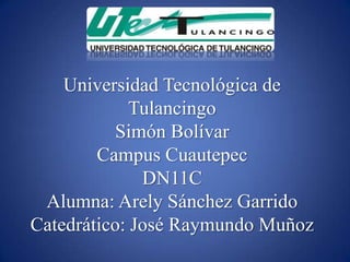 Universidad Tecnológica de
             Tulancingo
          Simón Bolívar
        Campus Cuautepec
              DN11C
 Alumna: Arely Sánchez Garrido
Catedrático: José Raymundo Muñoz
 