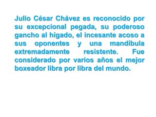 Julio César Chávez es reconocido por
su excepcional pegada, su poderoso
gancho al hígado, el incesante acoso a
sus oponentes y una mandíbula
extremadamente        resistente.   Fue
considerado por varios años el mejor
boxeador libra por libra del mundo.
 