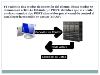 FTP admite dos modos de conexión del cliente. Estos modos se
denominan activo (o Estándar, o PORT, debido a que el cliente
envía comandos tipo PORT al servidor por el canal de control al
establecer la conexión) y pasivo (o PASV
 