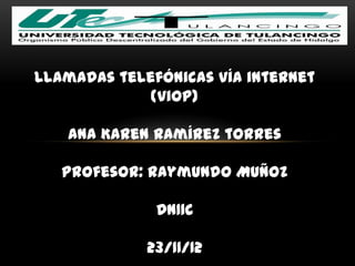 Llamadas telefónicas vía internet
             (viop)

   Ana Karen Ramírez torres

   Profesor: Raymundo Muñoz

              DN11C

             23/11/12
 