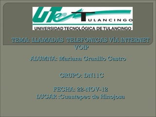 TEMA: LLAMADAS TELEFONICAS VÍA INTERNET
                 VOIP
     ALUMNA: Mariana Granillo Castro

              GRUPO: DN11C

           FECHA: 22-NOV-12
       LUGAR :Cuautepec de Hinojosa
 