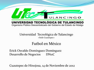 Universidad Tecnológica de Tulancingo
                    «Sede Cuautepec»


               Futbol en México
Erick Osvaldo Domínguez Domínguez
Desarrollo de Negocios  DN11C


Cuautepec de Hinojosa, 14 de Noviembre de 2012
 