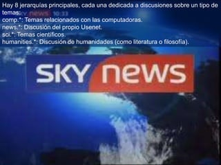 Hay 8 jerarquías principales, cada una dedicada a discusiones sobre un tipo de
temas:
comp.*: Temas relacionados con las computadoras.
news.*: Discusión del propio Usenet.
sci.*: Temas científicos.
humanities.*: Discusión de humanidades (como literatura o filosofía).
 