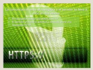 La comunicación entre el navegador y el servidor se lleva a
                  cabo en dos etapas
  • El navegador realiza una solicitud HTTP
  • El servidor procesa la solicitud y después envía una
    respuesta HTTP
 