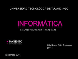 UNIVERSIDAD TECNOLÓGCA DE TULANCINGO




           INFORMÁTICA
              Lic. José Raymundo Muñoz Islas.




 ♥ MAGENTO
                                     Lilly Karen Ortiz Espinosa
                                     DN11


Diciembre 2011.
 