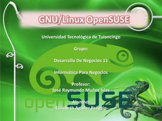 GNU/Linux OpenSUSE
Universidad Tecnológica de Tulancingo

               Grupo:

     Desarrollo De Negocios 11

     Informática Para Negocios

             Profesor:
     José Raymundo Muñoz Islas

              Alumno:
      Elizabeth Aguilar Refugio
 