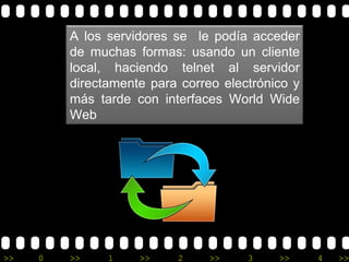 A los servidores se  le podía acceder de muchas formas: usando un cliente local, haciendo telnet al servidor directamente para correo electrónico y más tarde con interfaces World Wide Web 