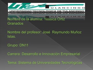 Nombre de la alumna: Yessica Ortiz
Granados

Nombre del profesor: José Raymundo Muñoz
Islas.

Grupo: DN11

Carrera: Desarrollo e Innovación Empresarial

Tema: Sistema de Universidades Tecnológicas
 