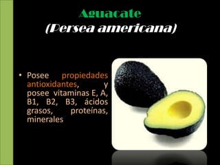 Aguacate
      (Persea americana)


• Posee propiedades
  antioxidantes,      y
  posee vitaminas E, A,
  B1, B2, B3, ácidos
  grasos,    proteínas,
  minerales
 