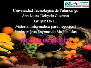 Universidad Tecnológica de Tulancingo
     Ana Laura Delgado Guzmán
              Grupo: DN11
 Materia: Informática para negocios I
 Profesor: José Raymundo Muñoz Islas

    Frutas de México
 