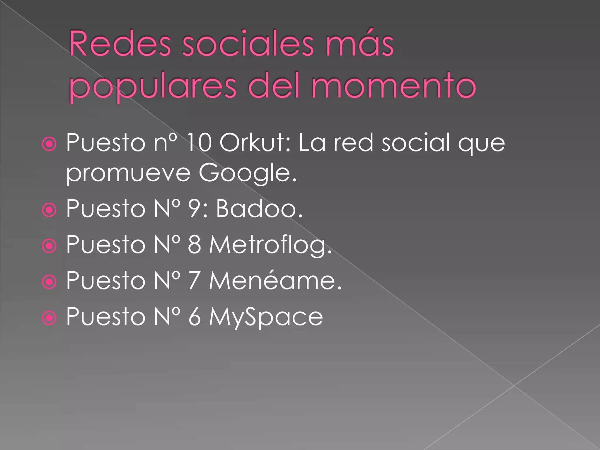 Redes sociales más populares del momentoPuesto nº 10 Orkut: La red social que promueve Google.Puesto Nº 9: Badoo.Puesto Nº 8 Metroflog.Puesto Nº 7 Menéame.Puesto Nº 6 MySpace
