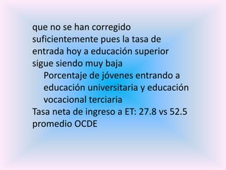 que no se han corregido
suficientemente pues la tasa de
entrada hoy a educación superior
sigue siendo muy baja
   Porcentaje de jóvenes entrando a
   educación universitaria y educación
   vocacional terciaria
Tasa neta de ingreso a ET: 27.8 vs 52.5
promedio OCDE
 