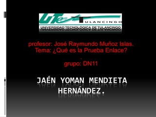 profesor: José Raymundo Muñoz Islas.
  Tema: ¿Qué es la Prueba Enlace?
                  .
             grupo: DN11

  JAÉN YOMAN MENDIETA
       HERNÁNDEZ.
 