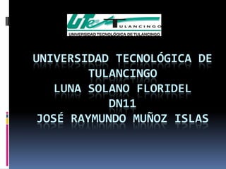 UNIVERSIDAD TECNOLÓGICA DE
         TULANCINGO
    LUNA SOLANO FLORIDEL
            DN11
 JOSÉ RAYMUNDO MUÑOZ ISLAS
 