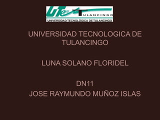 UNIVERSIDAD TECNOLOGICA DE
        TULANCINGO

   LUNA SOLANO FLORIDEL

          DN11
JOSE RAYMUNDO MUÑOZ ISLAS
 