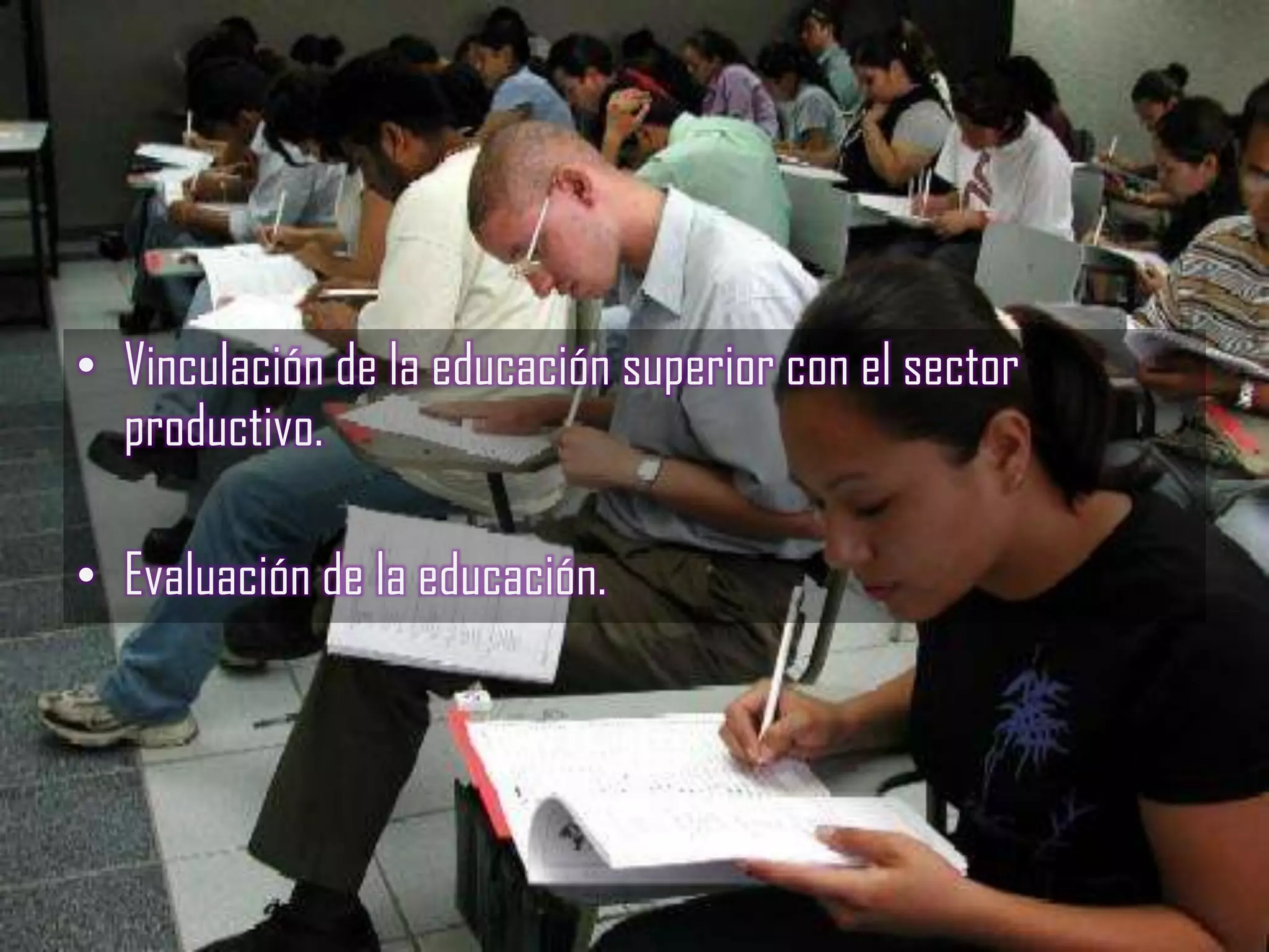 • Vinculación de la educación superior con el sector
  productivo.

• Evaluación de la educación.
 