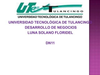 UNIVERSIDAD TECNOLÓGICA DE TULANCINGO
       DESARROLLO DE NEGOCIOS
         LUNA SOLANO FLORIDEL

                DN11
 
