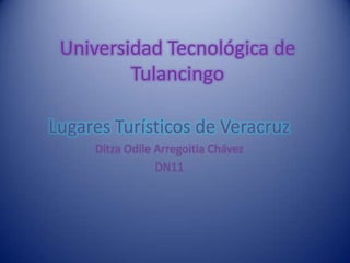 Universidad Tecnológica de
         Tulancingo

Lugares Turísticos de Veracruz
     Ditza Odile Arregoitia Chávez
                 DN11
 