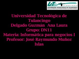 Universidad Tecnológica de
             Tulancingo
   Delgado Guzmán Ana Laura
            Grupo: DN11
Materia: Informática para negocios I
 Profesor: José Raymundo Muñoz
                Islas
 