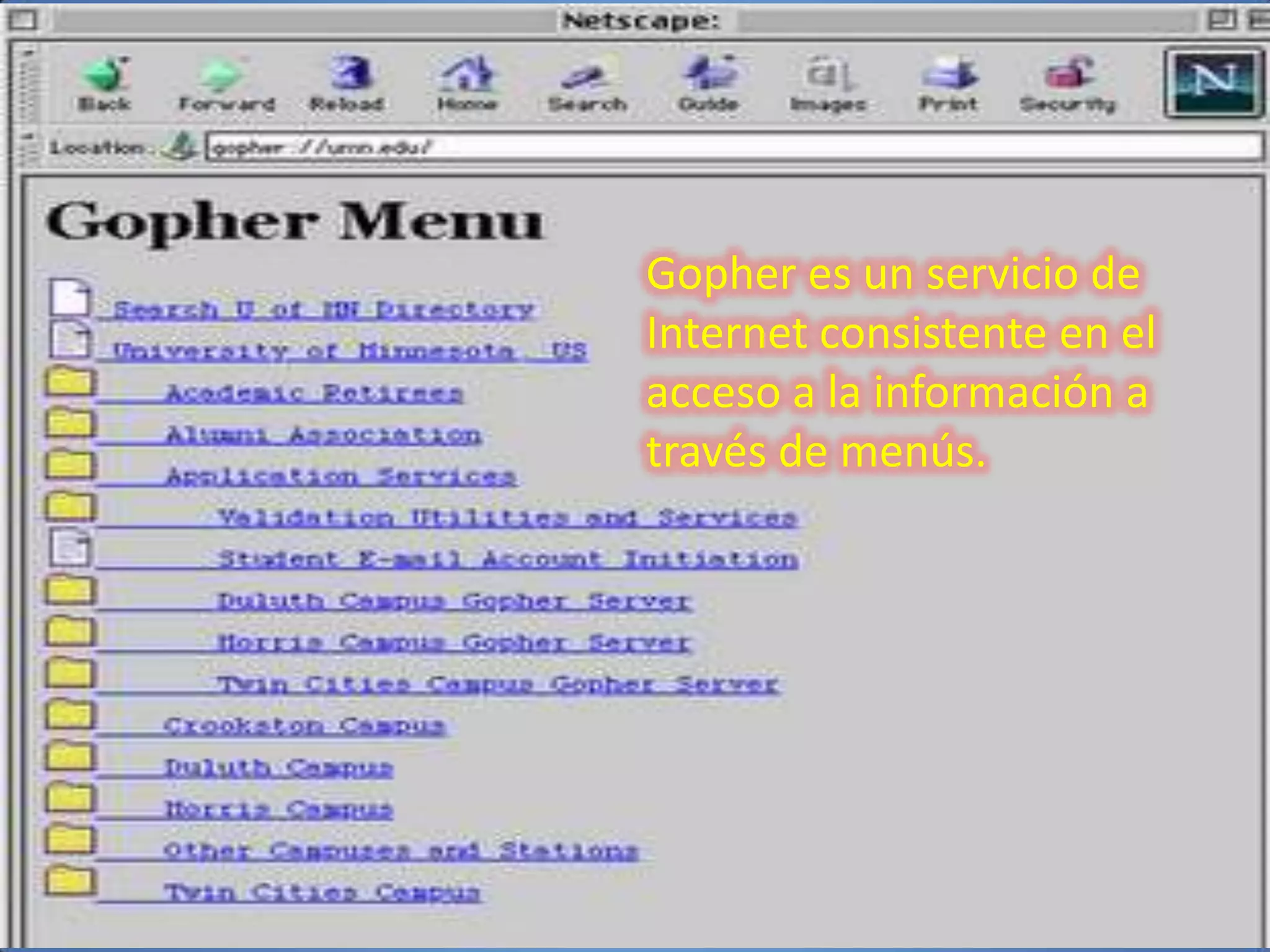 Gopher es un servicio de
Internet consistente en el
acceso a la información a
través de menús.
 