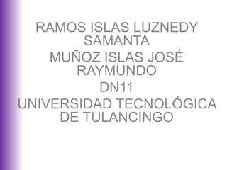 RAMOS ISLAS LUZNEDY
        SAMANTA
    MUÑOZ ISLAS JOSÉ
       RAYMUNDO
          DN11
UNIVERSIDAD TECNOLÓGICA
     DE TULANCINGO
 