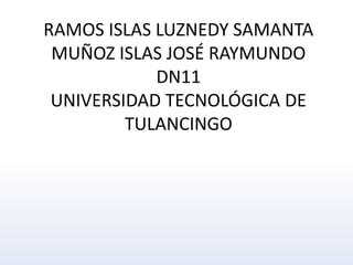 RAMOS ISLAS LUZNEDY SAMANTA
 MUÑOZ ISLAS JOSÉ RAYMUNDO
            DN11
 UNIVERSIDAD TECNOLÓGICA DE
         TULANCINGO
 