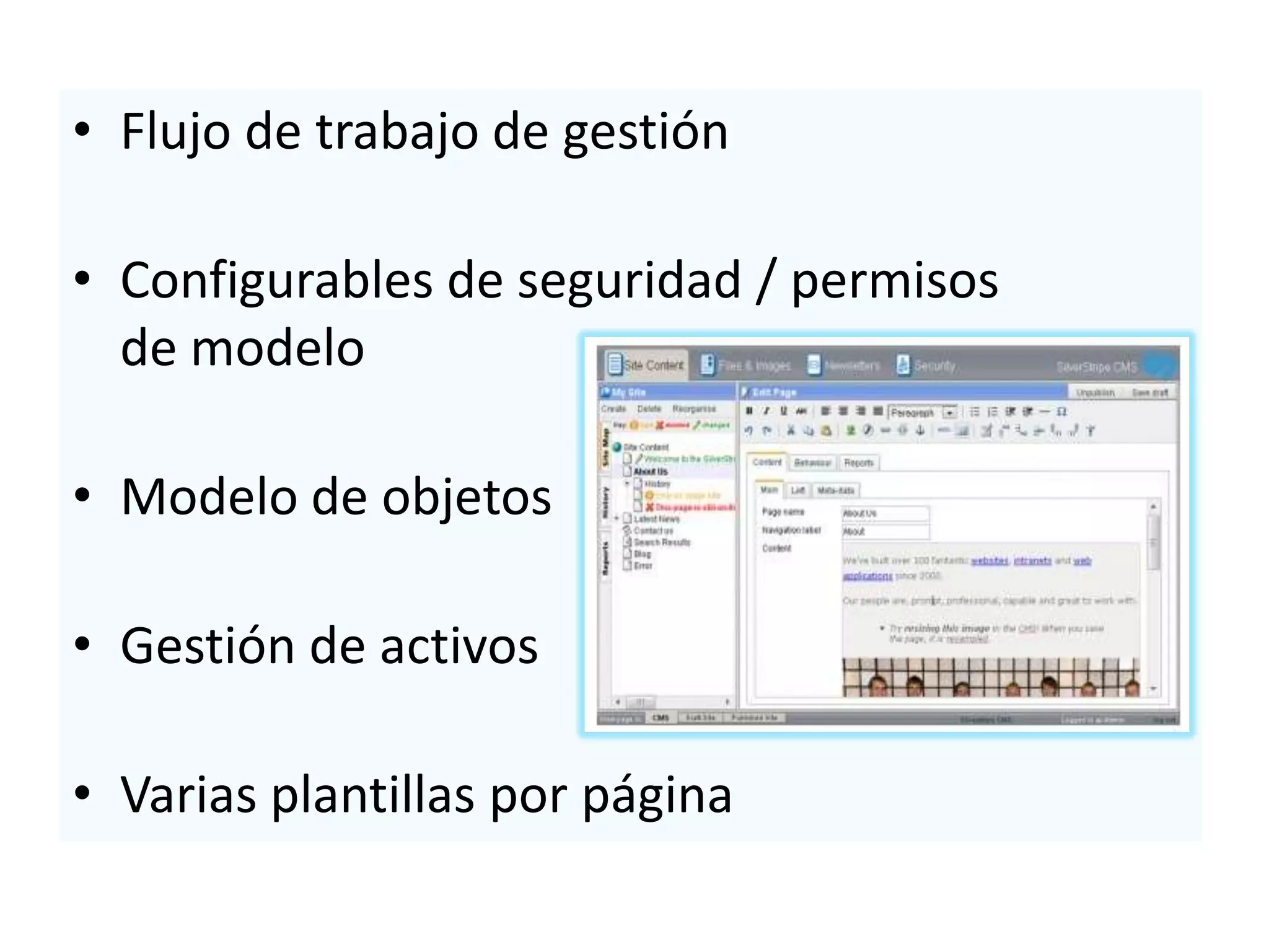 • Flujo de trabajo de gestión

• Configurables de seguridad / permisos
  de modelo

• Modelo de objetos

• Gestión de activos

• Varias plantillas por página
 